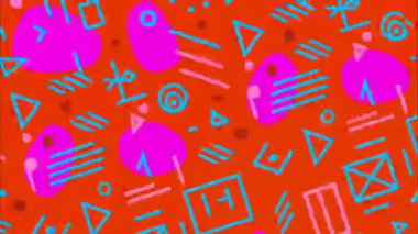 funky düz vektör pop sanat karikatürü geometrik 2D şekiller soyut retro arkaplan, turuncu taban, cyan pembe şekiller üçgenler çizgiler kareler damlalar, dağınık yüksek enerji bileşimi, Memphis retro titreşimi