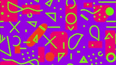 Pop art funky düz vektör geometrik 2D şekiller çizgi film soyut retro arkaplan, mor taban, yeşil kırmızı turuncu anahat üçgenler çember kareler kaotik canlı Memphis enerjisi, kalın geometrik karışım