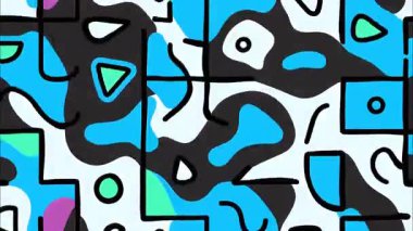 soyut funky düz vektör çizgi film pop sanat geometrik 2D şekiller retro arkaplan, siyah beyaz yamalar taban, mavi pembe düzensiz yuvarlak çizgiler, katmanlı Memphis tarzı, canlı oyuncu kontrast