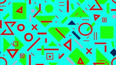 Geometrik 2D şekiller pop sanat karikatürü funky düz vektör soyut arkaplan, turkuaz taban, kırmızı mavi şekiller üçgenler çizgiler çizgi çizgiler, kaotik kalın kompozisyon, Memphis retro yüksek enerji