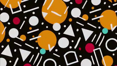 Soyut retro karikatür geometrik desen arka plan, sarı kırmızı daireler, düz çizgiler, kalın Memphis tarzı düz tasarım, renkli minimalist grafik dokusu olan siyah yüksek kontrast sanat yüzeyi.