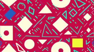 Soyut retro geometrik model arka plan, beyaz daireli kırmızı pop sanat yüzeyi elmas çizgileri ve turkuaz aksanlar, kalın minimalist çizgi film tasarımı, Memphis tarzı düz çizim, dekoratif grafik doku