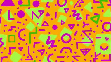 Soyut retro pop sanat geometrik arka plan, yeşil mor daireli turuncu düz yüzey üçgen semboller, minimalist çizgi film Memphis tarzı tasarım, renkli oyuncu şekiller, modern dekoratif grafik doku