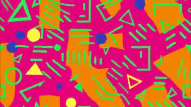 Soyut retro karikatür geometrik model arka plan, yeşil üçgenli parlak pembe pop sanat yüzeyi çizgiler kareler, oyuncu Memphis tarzı şekiller, renkli minimalist tasarım, kalın düz illüstrasyon, enerjik grafik doku