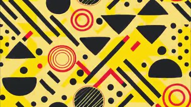 Cesur retro çizgi film soyut geometrik desen, siyah şekilli sarı arkaplan noktalar, pop sanat minimalist düz tasarım arka plan