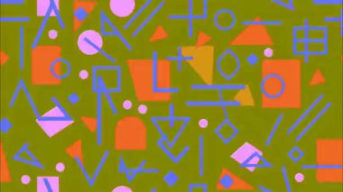 Minimalist retro çizgi film soyut geometrik desen, turuncu mavi şekilli zeytin yeşili arka plan, düz pop sanat tasarımı arka plan