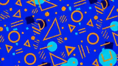 Retro pop sanatı soyut geometrik desen, turuncu şekilli mavi arka plan üçgen daireler çizgiler, düz çizgi film Memphis tarzı arka plan