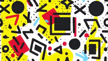 Oyuncu retro karikatür soyut desen, siyah karalama şekilli sarı arkaplan semboller, minimalist pop sanat düz çizim, eğlenceli geometrik arkaplan