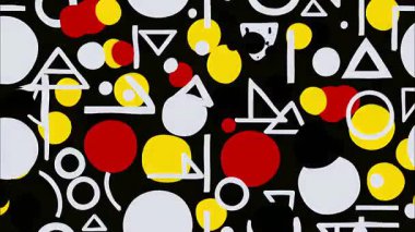 Retro çizgi film soyut geometrik desen, sarı kırmızı beyaz şekilli siyah arkaplan, daireler, oklar üçgenler, kalın pop sanat tarzı düz arkaplan