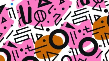 Retro pop sanat soyut geometrik desen, siyah şekilli pembe arkaplan, üçgen daireler çizgiler, Memphis tarzı çizgi film tasarımı, hareketli grafikler için kalın düz çizim arka plan