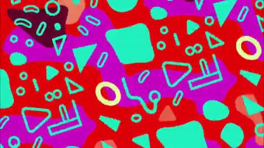 Retro karikatür soyut geometrik desen, turkuaz şekilli kırmızı zemin, daire üçgenleri, karalamalar, oyuncu pop sanat tarzı, minimalist düz tasarım, hareket grafikleri ve tasarım için renkli yinelenen arka plan