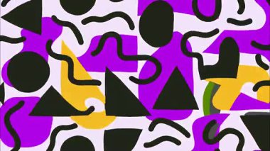 Retro karikatür soyut geometrik desen, siyah mor sarı şekilli beyaz arkaplan, oyuncu pop sanat kompozisyonu, organik formlu düz vektör tasarımı ve kalın hatlar.