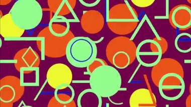 Retro karikatür soyut geometrik desen, yeşil turuncu daireler ve üçgenlerle mor zemin, pop sanat tarzı kompozisyon, cesur şekiller ve ritim ile oyuncu düz vektör tasarımı