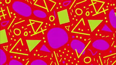 Retro karikatür soyut geometrik desen, pembe yeşil şekilli kırmızı arkaplan, üçgen noktalar çizgiler, kalın pop sanat kompozisyonu, canlı kontrastlı oyuncu düz vektör tasarımı