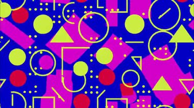 Retro karikatür soyut geometrik desen, neon pembe sarı şekilli mavi arkaplan, daire üçgen çizgiler, pop art Memphis tarzı, kalın kontrast ile oyuncu düz vektör tasarımı