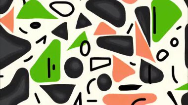 Retro karikatür soyut geometrik desen, siyah yeşil pembe şekilli bej arkaplan, minimal pop sanat tarzı, organik formlu oyuncu düz vektör kompozisyonu ve basit kontrast