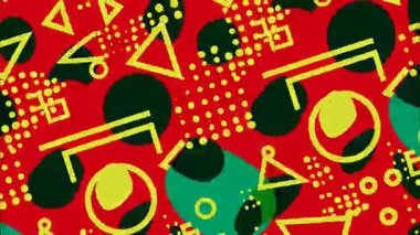 Retro karikatür soyut geometrik desen, sarı yeşil şekilli kırmızı arkaplan, noktalar ve üçgenler, kalın pop sanat kompozisyonu, ritmik yerleşim ve canlı renklerle eğlenceli düz vektör tasarımı