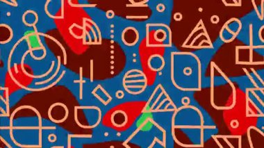 Retro karikatür soyut geometrik desen, kırmızı kahverengi şekilli mavi arkaplan, üçgen daireler çizgiler, pop sanat Memphis tarzı kompozisyon, cesur renkler ve dinamik düzen ile oyuncu minimum vektör tasarımı