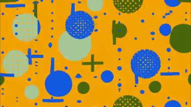 Retro karikatür soyut geometrik desen, mavi yeşil daireli turuncu arkaplan, noktalı şekiller, minimal pop sanat kompozisyonu, oyuncu düz tasarım, basit formlar ve ritmik düzenle renkli vektör tarzı arka plan