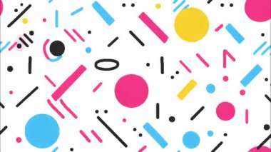düz vektör funky çizgi film pop sanat geometrik 2D şekiller soyut retro arkaplan, beyaz taban, pembe mavi siyah çizgiler çizgiler çizgiler çizgiler çizgi, dağınık canlı elementler, Memphis ilham verici oyuncu enerji