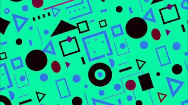 funky pop art geometric 2D şekiller karton düz vektör soyut arka plan, turkuaz taban, lacivert kırmızı daireler üçgenler çizgiler, katmanlı cesur oyuncu formlar, Memphis retro yüksek kontrast titreşim