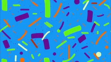 Soyut pop sanat çizgi filmi geometrik 2D şekiller funky düz vektör arka plan, mavi taban, mor turuncu pembe dikdörtgen çizgiler kavis çizgileri, oyuncu kaotik dağılım, canlı Memphis bozulması