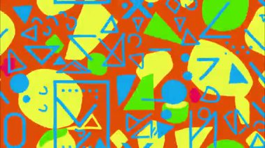 çizgi film funky düz vektör geometrik 2D şekiller pop sanat soyut retro arkaplan, turuncu taban, mavi yeşil deniz mavisi şekilleri üçgen çizgiler damlalar, kalın dağınık elementler, Memphis yüksek enerji estetiği