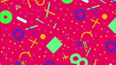 funky düz vektör pop sanat karikatürü geometrik 2D şekiller soyut retro arkaplan, sıcak pembe taban, yeşil mavi mor daireler çizgiler zikzak çizgiler üçgenler, dağınık oyuncu kaos, canlı Memphis yüksek enerji titreşimi