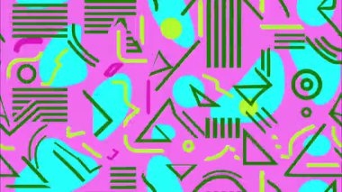 Soyut retro pop sanat karikatürü geometrik 2D şekiller funky düz vektör arkaplan, pembe taban, yeşil cyan siyah çizgiler şekiller çember çizgiler, kaotik kalın dağılım, Memphis yüksek karşıtlık enerjisinden esinlenmiştir.