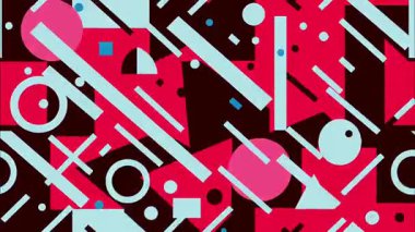 funky düz vektör pop sanat karikatürü geometrik 2D şekiller soyut retro arkaplan, kırmızı taban, mavi yeşil deniz mavisi yuvarlak çizgiler çizgiler damlalar, dalgalı katmanlı oyuncu formlar, canlı Memphis retro titreşim