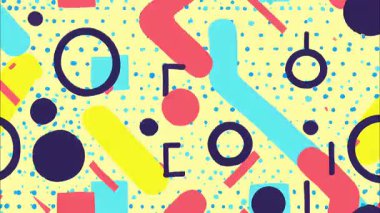 Pop art funky düz vektör geometrik 2D çizgi film şekilleri soyut retro arkaplan, sarı taban, mavi yeşil deniz mavisi siyah daireler çizgiler kıvrımlar, dağınık canlı kaos, Memphis yüksek enerji estetiği