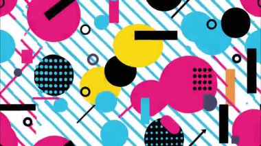 karikatür geometrik 2D şekiller funky pop sanat düz vektör soyut arka plan, beyaz taban çapraz çizgiler, pembe mavi siyah daireler çizgiler çubuklar, kalın katmanlı kompozisyon, Memphis retro bozulma