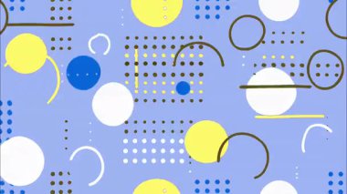 düz vektör funky çizgi film pop sanat geometrik 2D şekiller soyut retro arkaplan, mavi taban, yeşil kırmızı noktalı çubuklar yuvarlak damlalar, kaotik titreşim dağılımı, Memphis retro yüksek enerji bileşimi