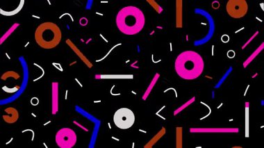 çizgi film funky düz vektör geometrik 2D şekiller pop sanat soyut retro arkaplan, siyah taban, neon pembe turuncu mavi çizgiler daire çizgiler kaotik kalın dağılım, Memphis yüksek kontrast enerji titreşimi