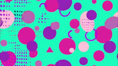 soyut retro pop sanat karikatürü geometrik 2D şekiller funky düz vektör arkaplan, turkuaz taban, üst üste binen mor mor daireler balonlar, noktalı doku aksanları, yumuşak katmanlı formlar, Memphis retro rüya kompozisyonu