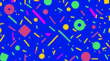 funky düz vektör pop sanat karikatürü geometrik 2D şekiller soyut retro arka plan, koyu mavi taban, renkli dağınık konfeti, pembe yeşil sarı kareler noktalar, canlı Memphis ilham verici kaos, yüksek enerjili oyuncu titreşim