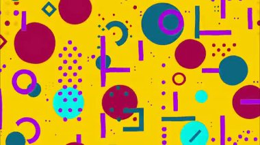 soyut retro pop sanat karikatürü geometrik 2D şekiller funky düz vektör arkaplan, sarı taban, mor mavimsi daireler çizgiler çizgiler çizgiler, katmanlı oyuncu kaos, canlı Memphis esinlenmiş kontrast