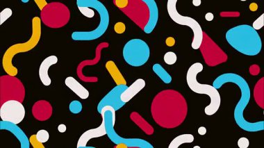 retro soyut pop sanat karikatürü geometrik 2D şekiller funky düz vektör tarzı arka plan, siyah taban, beyaz kırmızı kıvrımlar daire noktaları, kaotik kalın örtüler, Memphis retro grafik enerjisi, canlı karşıtlıklar