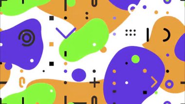 soyut retro pop sanat karikatürü geometrik 2D şekiller funky düz vektör arkaplan, beyaz taban, turuncu mor siyah leke çizgiler daireler, organik düzensiz formlar, Memphis estetik bozulması