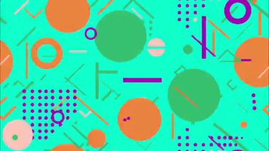 funky düz vektör pop sanat karikatürü geometrik 2D şekiller soyut retro arkaplan, turkuaz taban, turuncu mor daireler çizgiler, dağınık kalın aksanlar, Memphis retro canlı kompozisyon, yüksek enerji