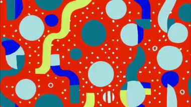 Pop art funky düz vektör geometrik 2D şekiller çizgi film soyut retro arkaplan, turuncu taban, mavi yeşil deniz mavisi yuvarlak çizgiler çizgiler, katmanlı dalgalı biçimler, canlı Memphis ilham verici yüksek kontrast