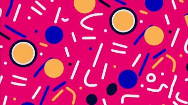 karikatür geometrik 2D şekiller funky pop sanat düz vektör soyut arka plan, pembe taban, sarı mavi siyah daireler kareler, kalın kaotik örtüler, Memphis retro grafik bozulması, canlı enerji