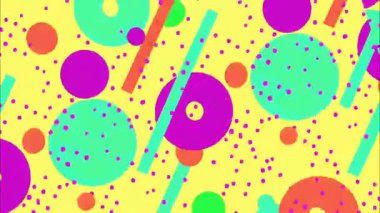 düz vektör funky karikatür pop sanat geometrik 2D şekiller soyut retro arkaplan, sarı taban, yeşil turuncu mavimsi çizgiler daire çizgiler, dağınık dinamik elementler, canlı Memphis retro titreşim