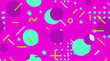 Soyut pop sanat karikatürü geometrik 2D şekiller funky düz vektör arka planı, pembe taban, yeşil mor daireler çizgiler kesişiyor, dağınık canlı elementler, Memphis estetik enerjisi, kalın karşıtlıklar