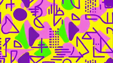 çizgi film funky düz vektör geometrik 2D şekiller pop sanat soyut retro arkaplan, sarı taban, mor yeşil şekiller üçgen çizgiler, kalın katmanlı soyutlama, Memphis retro yüksek kontrast titreşim