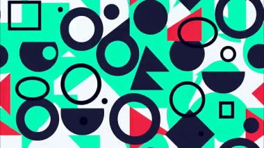 Soyut retro pop sanat karikatürü geometrik 2D şekiller funky düz vektör arkaplan, turkuaz taban, lacivert siyah daireler yarı daireler, katmanlı kalın formlar, canlı Memphis ilham verici bileşim, yüksek enerji