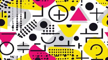 funky düz vektör pop sanat karikatürü geometrik 2D şekiller soyut retro arkaplan, sarı gri taban, siyah pembe çizgiler çember üçgenler kareler kesişir, kaotik dağınık elementler, canlı Memphis yüksek kontrast enerji