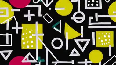 Pop art funky düz vektör geometrik 2D çizgi film şekilleri soyut retro arkaplan, siyah taban, sarı yeşil daireler üçgenler kareler, katmanlı kaotik formlar, canlı Memphis ilham verici bozulma