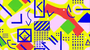 Geometrik 2D şekiller pop sanat karikatürü funky düz vektör soyut arkaplan, sarı taban, mavi yeşil kırmızı şekiller, çizgiler üçgenler kareler, katmanlı canlı örtüler, Memphis retro grafik tarzı