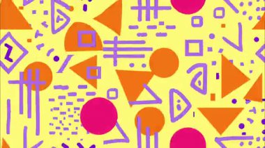 düz vektör funky çizgi film pop sanat geometrik 2D şekiller soyut retro arkaplan, sarı taban, mor turuncu üçgen çember çizgiler, kalın dağınık biçimler, canlı Memphis ilham verici enerji, yüksek kontrastlar